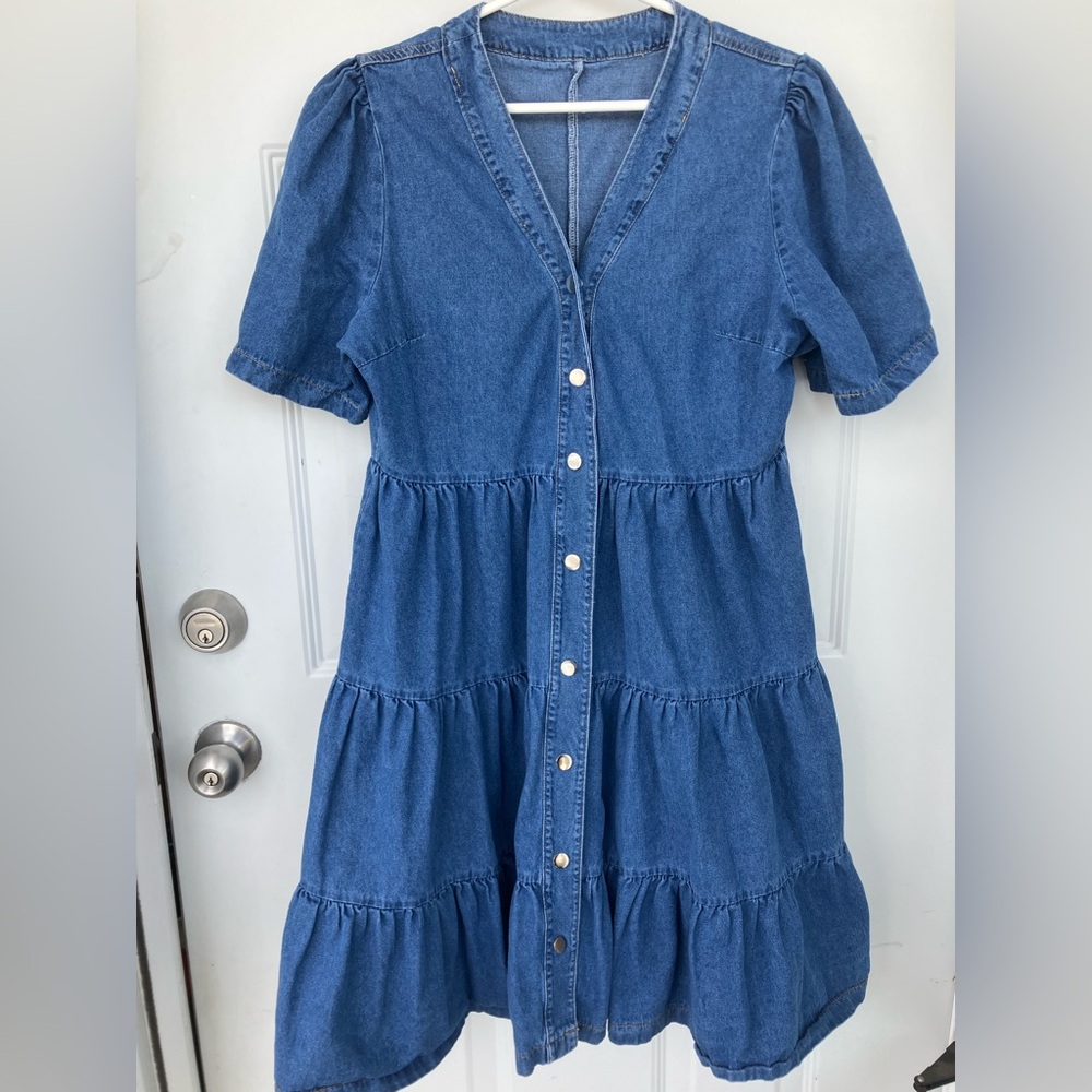 Denim tiered babydoll dress short sleeve cotton medium